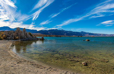 Mono Lake with clear water view and mountain background