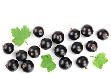 black currant with leaves isolated on white background with copy space for your text. Top view. Flat lay pattern