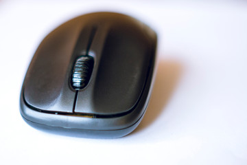 Black computer mouse with a wheel on a white background