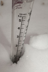 Closeup of a measuring gauge standing in 2 inches of snow