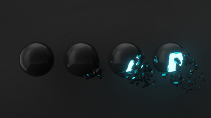 Fractured black sphere with blue glow