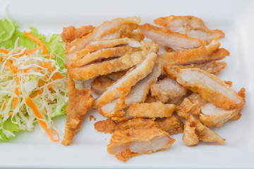 Close up of Fried Streaky Pork with vegetable (Thai food)