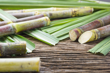 Close up sugarcane on wood background close up