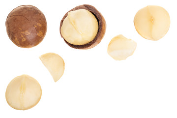 Shelled and unshelled macadamia nuts isolated on white background with copy space for your text. Top view. Flat lay pattern