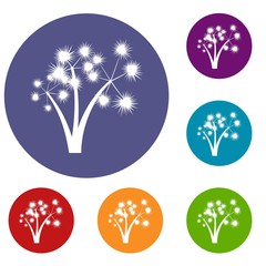 Three spiky palm trees icons set in flat circle reb, blue and green color for web