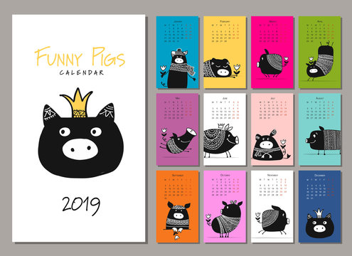 Funny pigs, symbol 2019. Calendar design