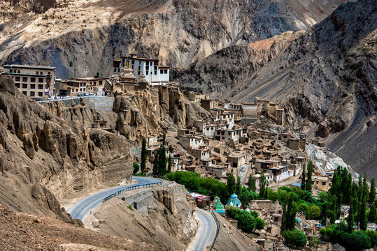 Landscape of range mountains and road with blue sky and clouds, Lamayuru Monastery in Leh, Ladakh, India.
