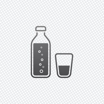 bottle of water with bubbles and glass cup. simple icon. On grid