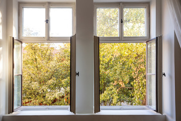 Fall season. Trees with autumn leaves out of two open white wooden windows.