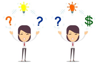 Beautiful young lady thinking with question marks overhead. Stock flat vector illustration.