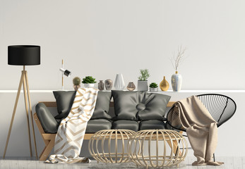 Modern interior with sofa. Wall mock up. 3d illustration.