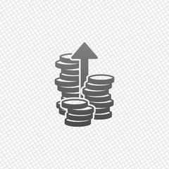 Coins stack, finance grow, up arrow. On grid background