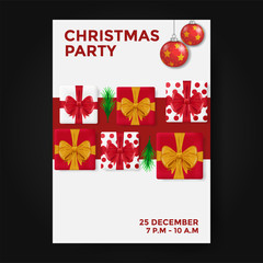 Poster Christmas Party with illustration of  gift box and bauble