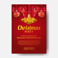 Poster Christmas Party with illustration of bell and red ball decoration