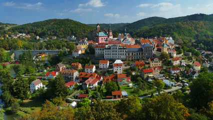 Famous medieval town Loket with castle above Ohre river, (attractive movie set location, James Bond Casino Royale) Karlovy Vary, Czech Republic
