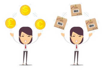 Young girl with objects in business. Stock flat vector illustration.