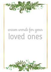 Decorative golden rectangular frame with eucalyptus, fern and boxwood branches isolated on white. For wedding invitations, vignettes, postcards, posters, documents