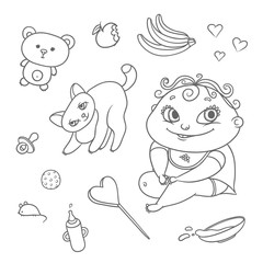 Vector set joyful child and playful kitten. Baby bottle with water or milk, other food. Flat black color sketch contour illustration