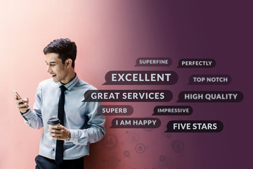 Customer Experience Concept. Happy Businessman using Smart Phone to Reading Positive Review or...