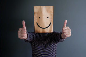 Customer Experience or Human Emotional Concept. Woman Covered her Face by Paper Bag and present Happy Feeling by Drawn Line Cartoon and Body Language - obrazy, fototapety, plakaty