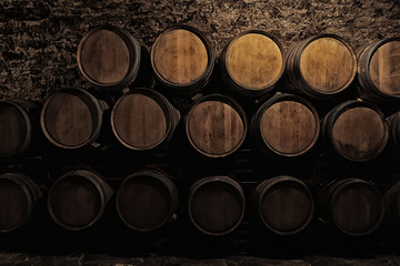 Wine cellar interior with large wooden barrels