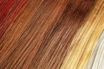Fototapeta premium Colorful hair strands, top view. Professional care