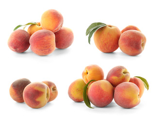 Set with juicy ripe peaches and green leaves on white background
