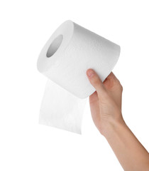 Woman holding toilet paper roll on white background. Personal hygiene