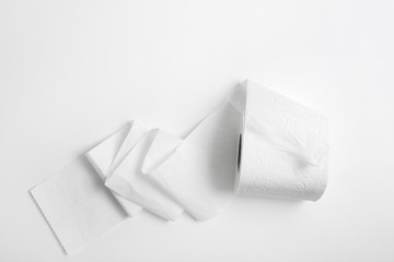 Roll of toilet paper with feather on white background, top view