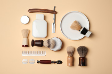 Flat lay composition with shaving accessories for men on color background