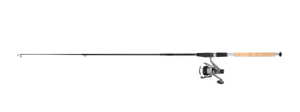 Modern fishing rod with reel on white background