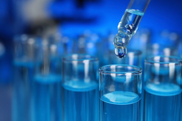 Dripping reagent into test tube with sample, closeup. Laboratory analysis
