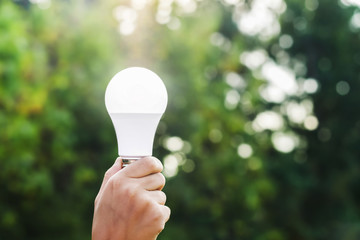 hand holding led bulb  on green nature background and sunshine. concept eco