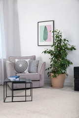 Stylish room interior with armchair and potted ficus