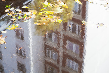 puddle on urban road with reflection of house