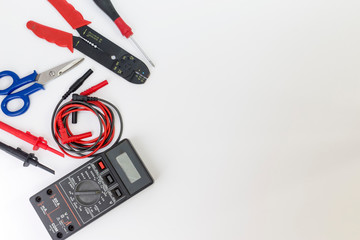 Electrician tools, components and instruments  on a white background