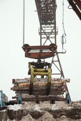 Obraz premium Heavy lifting crane for loading of harvested wooden logs, closeup.