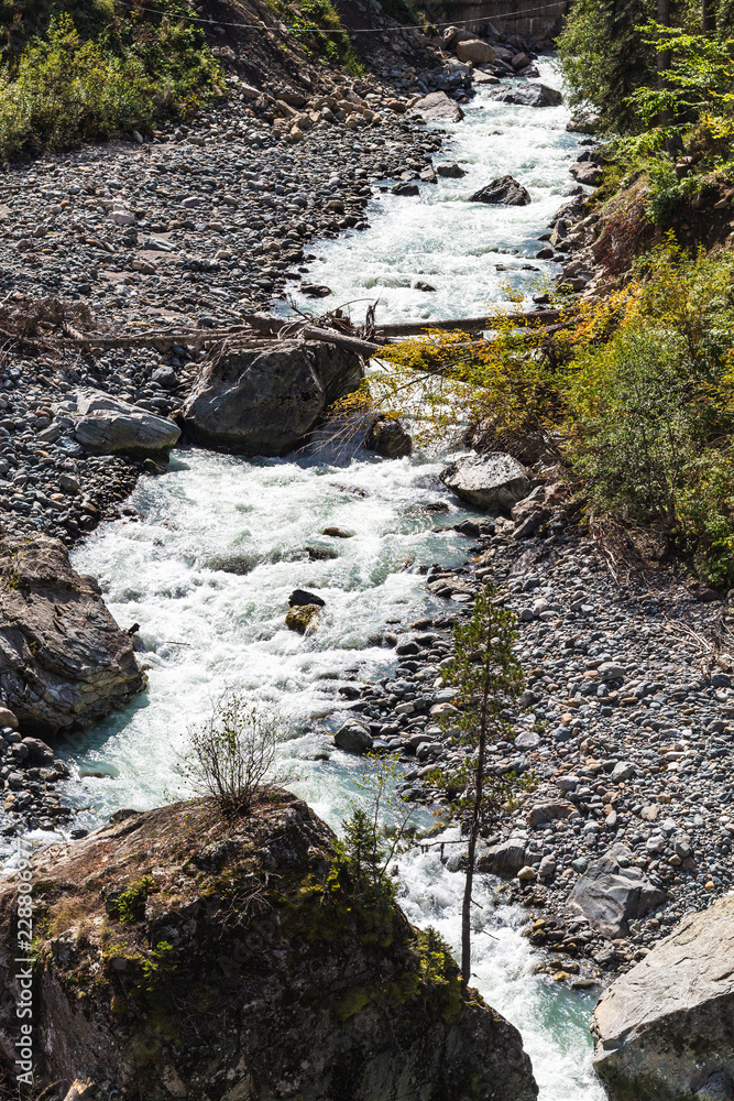 Poster mountain river in Dombay resort village