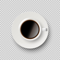 Coffee cup with coffee and saucer isolated on transparent background. Vector realistic design element.
