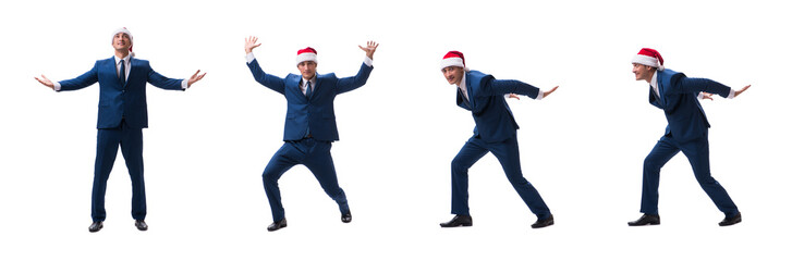Young busnessman wearing santa hat in christmas concept on white