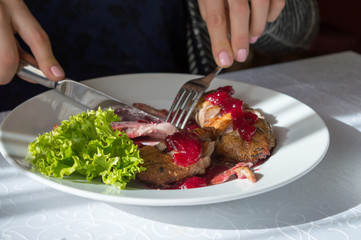 Duck grill steak with salad