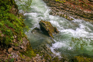 View of canyon Blejski Vintgar with beautiful clear and speed water. Canyon is near the Bled lake in Slovenia.