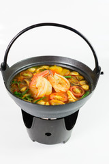 Pot of Tom Yum seafood soup, Thai food.