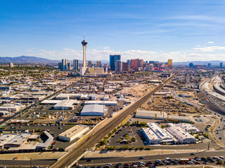 July 10, 2018. Las Vegas, USA. Aerial view of the Stratosphere hotel in Las Vegas by the strip.  © Aerial Film Studio
