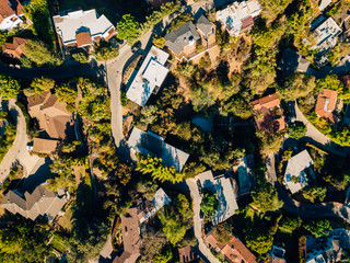 Aerial view of the Los Angeles Hollywood district and Walk of Fame with many private homes and...