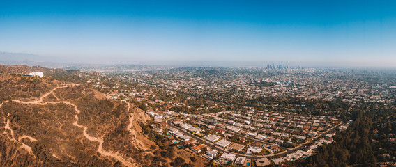 Aerial view of the Los Angeles Hollywood district and Walk of Fame with many private homes and...