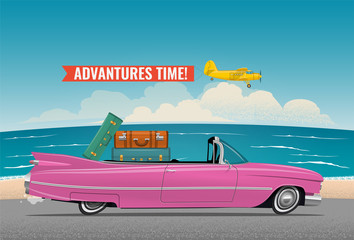Cartoon styled side view pink vintage car cabriolet with luggage on board, on the beach road. Travel themed vector illustration for your poster, or flyer or banner for your promotion.