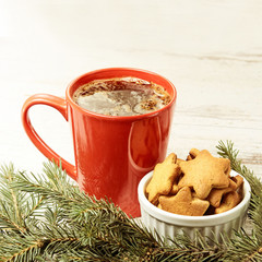 Big cup of coffee. NewYear. Gingerbread Cookie.  Christmas tree