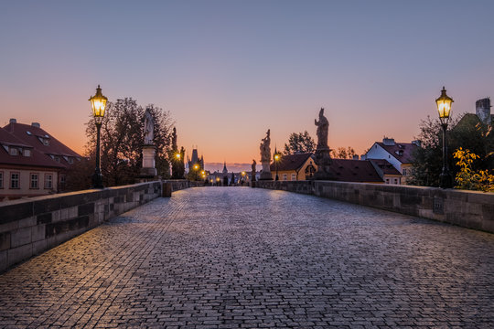 Charles bridge before dawn. One of the most famous bridges in the world, Prague, Czech Republic, Europe