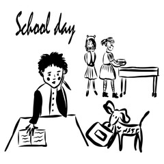drawing a picture, a boy, two of his classmates, and a puppy with a briefcase in his teeth at a school break, a sketch, a hand-drawn digital comic illustration.